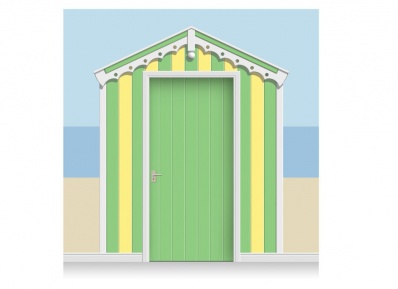 3-Drop Grass Green and Lemon Yellow Beach Hut Mural (257cm) + Door Print