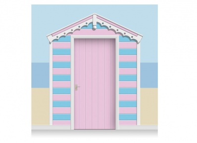 3-Drop Rose Pink and Sky Blue Beach Hut Mural (257cm) + Door Print