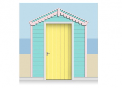 3-Drop Sea Blue and Pale Pink Beach Hut Mural (257cm) + Door Print