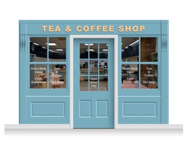 3-Drop Leamington Shop Front 'Tea & Coffee Shop' Mural (240cm) + Door Print